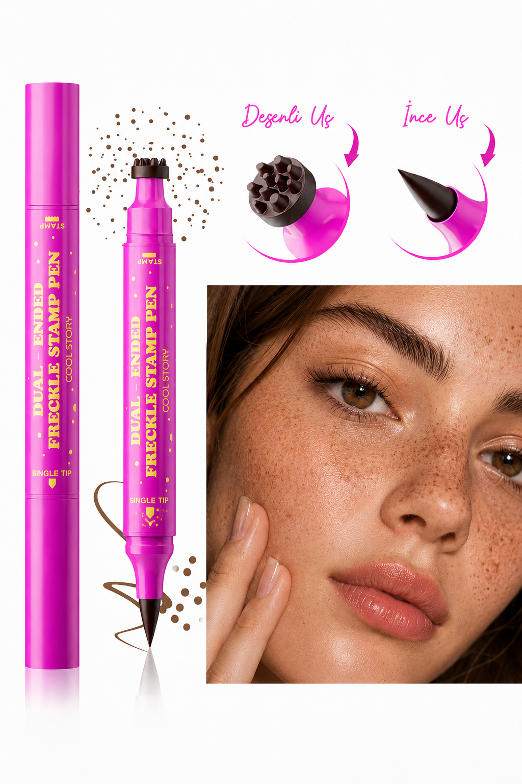 Freckle Stamp Pen Çil Kalemi Çift Uçlu Suya Dayanıklı Doğal Çil Görünümü
