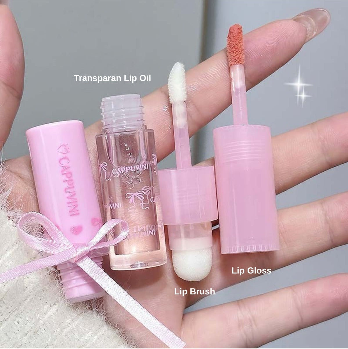 Fiyonk Detaylı 3’ü 1 Arada Dudak Tinti, Şeffaf Parlatıcılı Fırçalı Lip Gloss