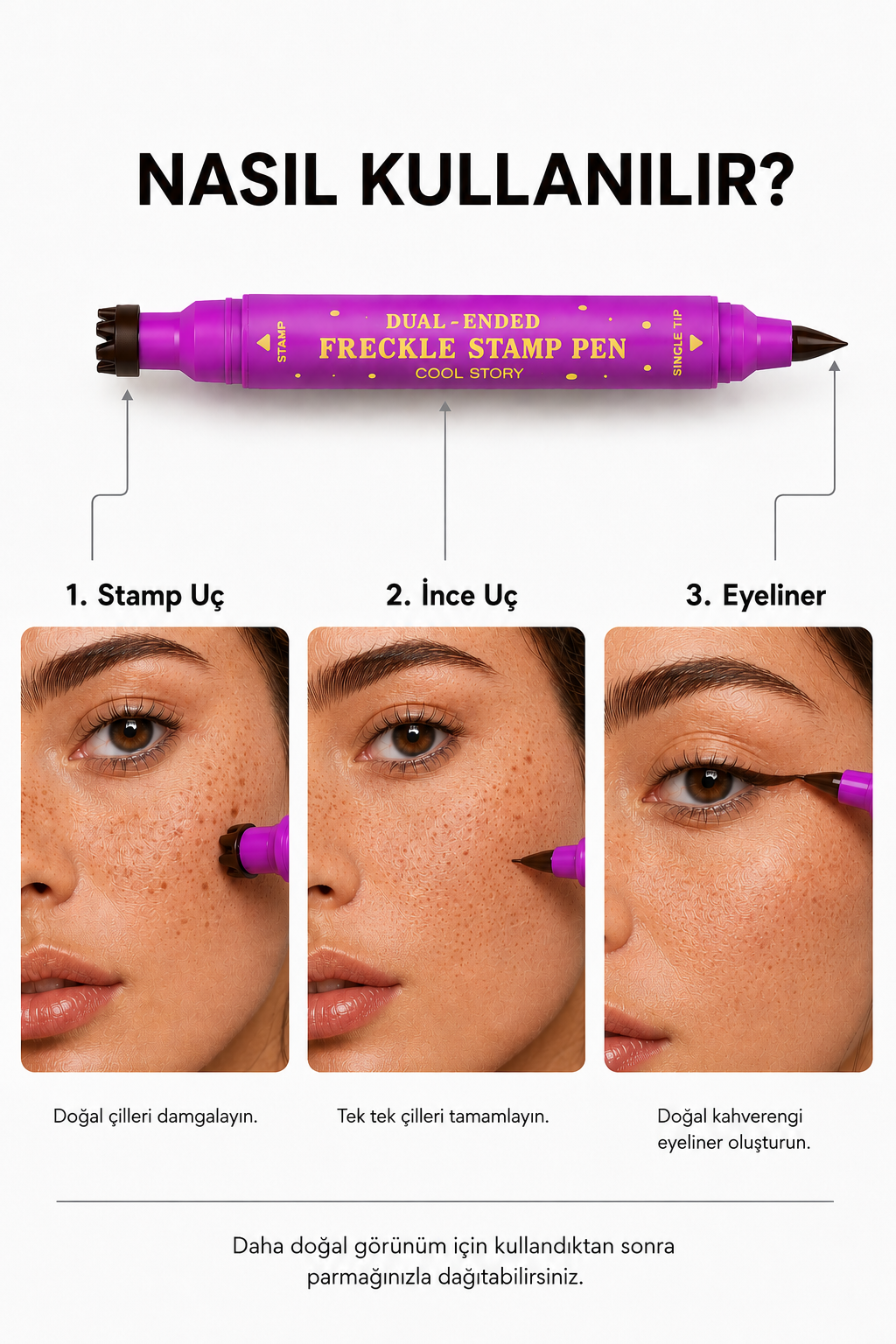Freckle Stamp Pen Çil Kalemi Çift Uçlu Suya Dayanıklı Doğal Çil Görünümü