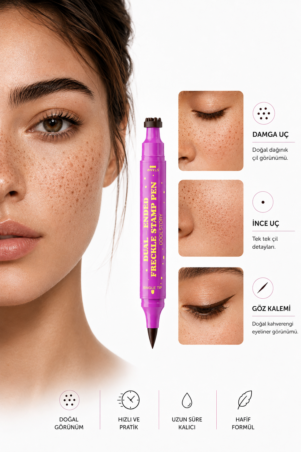 Freckle Stamp Pen Çil Kalemi Çift Uçlu Suya Dayanıklı Doğal Çil Görünümü